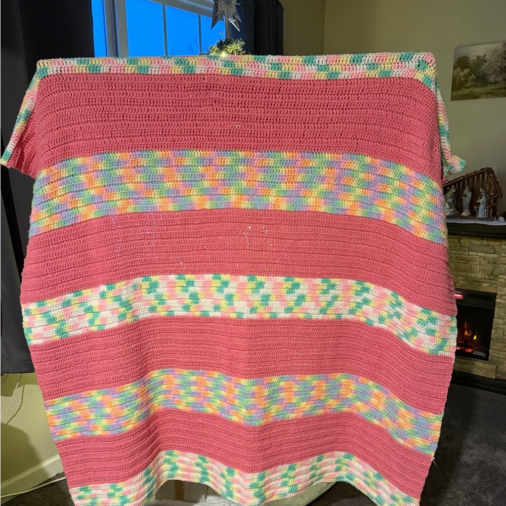 Handmade Vintage Afghan Crotched Blanket Approx 60”x 60” (Pink & Pastels)